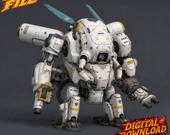 May include: A white and grey mechanical robot figure with yellow accents, featuring large shoulder-mounted cylinders, teal wing-like protrusions, and a central camera lens. The text STL FILE and DIGITAL DOWNLOAD not a physical item are visible.