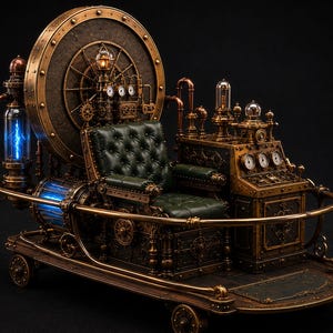 Può includere: Una macchina complessa dotata di un sedile in pelle verde scuro capitonné, posizionato tra un grande telaio circolare in bronzo e una console di comando con diversi indicatori. Il dispositivo include tubi in rame, tubi elettrici blu luminosi e piccole ruote.