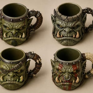 Könnte beinhalten: Vier Keramikbecher in Form von grünen Ork-Köpfen mit detaillierten Gesichtszügen, einschließlich Stoßzähnen, spitzen Ohren und verschiedenen Accessoires wie Metallbändern, Ketten, einer Augenklappe und knochenartigen Henkeln.