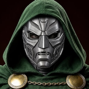 May include: A metallic silver face mask with intricate paneling and a vertical grille design over the mouth, worn under a deep green hooded cloak. The cloak is secured at the neck with two large, circular gold-toned clasps connected by a chain.