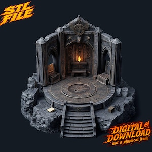Può includere: Un modello digitale 3D di una struttura templare in pietra con una piattaforma circolare, pilastri ad arco, un altare centrale con una fiamma luminosa e scale. Il testo "STL FILE" appare in alto a sinistra e "DIGITAL DOWNLOAD not a physical item" in basso a destra.