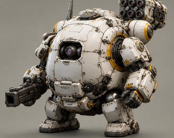 May include: A spherical white and yellow mechanical robot featuring a central camera lens, a rectangular cannon on the right arm, and a six-tube missile launcher mounted on the back. The robot has articulated limbs, metallic joints, and an antenna.