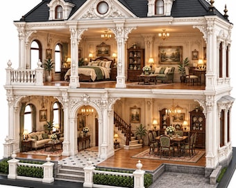 Victorian Mansion STL File , Luxury House Building Miniature Estate Architecture Diorama Roombox Decor