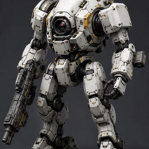 May include: A white and grey bipedal robot with yellow accents, featuring a large central circular lens, articulated mechanical limbs, and a long rifle held in the right hand. The machine has a rounded head with an antenna and detailed plating.
