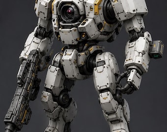 Op de afbeelding: Een wit en grijze tweebenige robot met gele accenten, voorzien van een grote centrale ronde lens, beweegbare mechanische ledematen en een lang geweer in de rechterhand. De machine heeft een afgeronde kop met een antenne en gedetailleerde beplating.