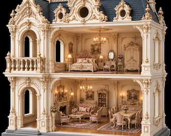 Puede incluir: Una casa de muñecas de dos pisos con un exterior de color crema adornado con detalles dorados y un techo azul oscuro. Las habitaciones interiores están amuebladas con camas, sillas, mesas, armarios y candelabros en miniatura.