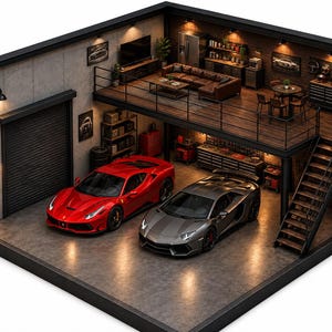 May include: A miniature diorama of a two-story garage featuring a red sports car and a gray sports car parked on the ground floor. The upper level includes a brown leather sofa, a dining table, and a kitchen area, connected by a metal staircase.
