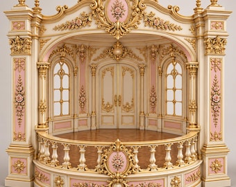 Puede incluir: Un escenario de exhibición arquitectónico ornamentado con paneles en crema y oro con acentos en rosa suave. La estructura incluye intrincadas tallas florales, dos ventanas arqueadas, una puerta doble central y una balaustrada curva con detalles dorados.