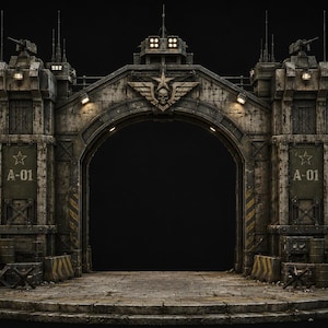 May include: A large, weathered stone military gate featuring a central archway topped with a winged skull emblem. Two flanking towers display green banners with white star insignias and the text A-01. The structure includes sandbags and crates.