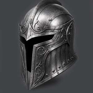 Op de afbeelding: Een gedetailleerde, metallic zilveren helm met ingewikkeld krulwerk en geklonken platen. De helm heeft een vizier en een kam, wat wijst op een middeleeuws of fantasiethema. Het ontwerp is sierlijk en de afwerking lijkt verouderd.