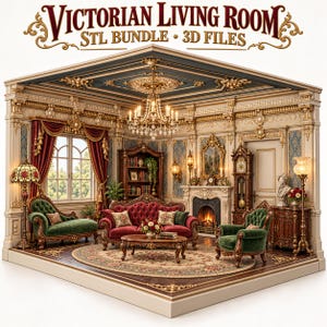 Pode incluir: Um modelo digital 3D de uma sala de estar vitoriana com sofá de veludo vermelho, chaise longue e poltrona de veludo verde, lareira, relógio de pêndulo, lustre de cristal e detalhes dourados. Texto: VICTORIAN LIVING ROOM STL BUNDLE 3D FILES.