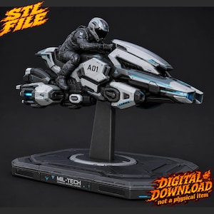 Op de afbeelding: Een 3D-model van een futuristische soldaat in donker harnas op een wit en grijs hoverbike met blauwe accenten. Het voertuig heeft de tekst A01 op de zijkant. De basis is gelabeld met MIL-TECH ADVANCED WARFARE SYSTEMS. Tekst: STL FILE en DIGITAL DOWNLOAD.
