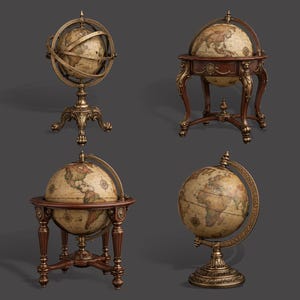 Puede incluir: Una colección de cuatro globos terráqueos de estilo antiguo con mapas detallados en tonos tierra. Cada globo está sostenido por soportes ornamentados de madera oscura y bronce metálico con tallas intrincadas y bases circulares.
