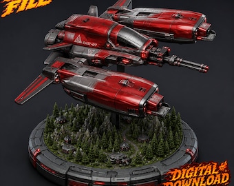 May include: A red and dark grey sci-fi spaceship model with a Gatling-style cannon, mounted above a circular base featuring a miniature forest landscape with small buildings. Text on the image reads STL FILE and DIGITAL DOWNLOAD not a physical item.