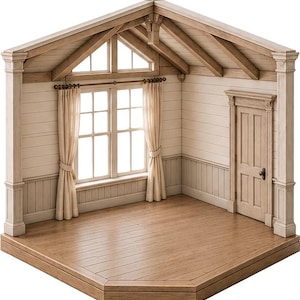 May include: A miniature room display featuring light wood plank walls, a vaulted ceiling with exposed beams, and a wooden floor. The structure includes a large window with beige curtains on a brass rod and a single wooden door with a metal knob.