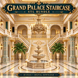 May include: A digital 3D model bundle titled Grand Palace Staircase STL Bundle featuring a grand interior with a central tiered fountain, symmetrical staircases, ornate gold-trimmed columns, and a large chandelier. Includes 3D files digital download.
