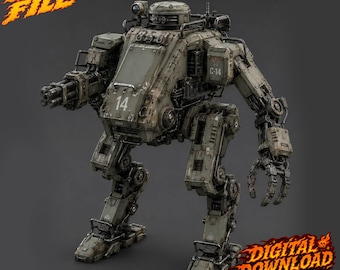May include: A weathered olive-drab bipedal combat mech featuring a multi-barreled gatling gun on the right arm and a mechanical claw on the left. The chassis is marked with the number 14 and C-14. Text reads STL FILE and DIGITAL DOWNLOAD.
