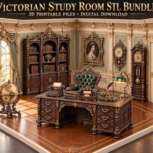 Peut inclure: Un ensemble de fichiers imprimables en 3D pour une étude victorienne comprenant un bureau en bois sombre, un fauteuil en cuir vert, une grande bibliothèque remplie de livres, un globe, une horloge grand-père, une horloge murale et une lampe.