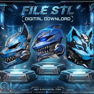 May include: Three digital 3D helmet models featuring blue and black robotic animal designs. The text reads FILE STL DIGITAL DOWNLOAD and NOT A PHYSICAL ITEM. These futuristic headgear designs display sharp teeth and mechanical details.