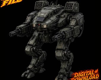 May include: A dark green bipedal combat robot model featuring dual rotating cannons, shoulder-mounted missile launchers, and the text XM-07 on the chassis. The image includes the text STL FILE and DIGITAL DOWNLOAD not a physical item.