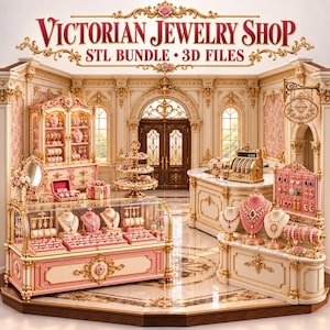 May include: A digital display of a Victorian Jewelry Shop STL bundle 3D files. The scene features ornate cream and pink display cases, jewellery stands with necklaces and earrings, a vintage cash register, and a sign reading Victorian Jewelry Shop.