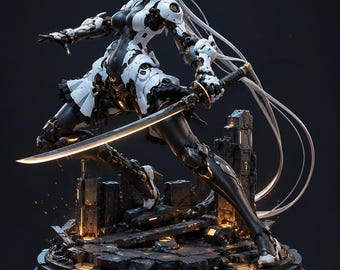 May include: A robotic figure with white and black armour, cat-like ears, and long flowing hair, posed in a dynamic stance while holding a katana. The figure stands on a dark, textured circular base featuring a glowing fox mask emblem at the front.
