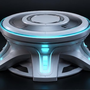 May include: A circular white and gray display stand featuring a flat top surface and a wide base with four flared legs. The structure is accented with integrated light blue LED strips that glow along the circular rim and the vertical leg panels.