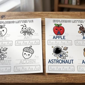 Könnte beinhalten: Zwei pädagogische Arbeitsblätter mit dem Titel EXPLORING LETTER 'A!' mit schwarz-weißen Strichzeichnungen und farbigen Illustrationen von Apfel, Ameise, Astronaut und Eichel, inklusive Worten, Schreiblinien und dem Buchstaben Aa.