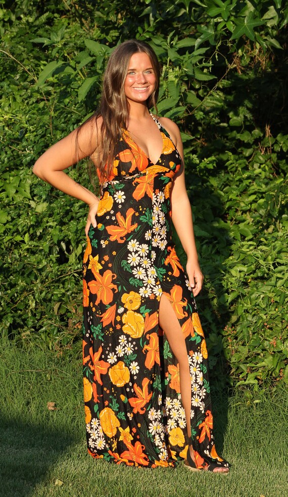 70s Floral Halter Maxi Dress