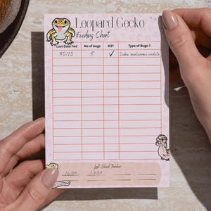 Può includere: Un blocco note rosa "Leopard Gecko Feeding Chart" con un'illustrazione di geco. Il blocco note ha una griglia per tenere traccia delle informazioni sull'alimentazione. Sono visibili anche una penna e un bicchiere di liquido.