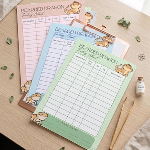Puede incluir: Tres portapapeles con el texto "Bearded Dragon Feeding Chart" y una ilustración de un lagarto de dibujos animados. Los portapapeles son rosas, azules y verdes. También se ve un pequeño frasco de polvo de calcio y unas pinzas.