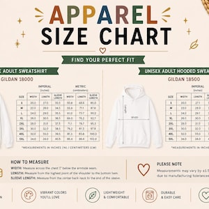 May include: An apparel size chart for Gildan 18000 sweatshirts and Gildan 18500 hooded sweatshirts. The chart displays width, length, and sleeve length measurements in inches and centimeters for sizes S through 5XL, with instructions on how to measure.