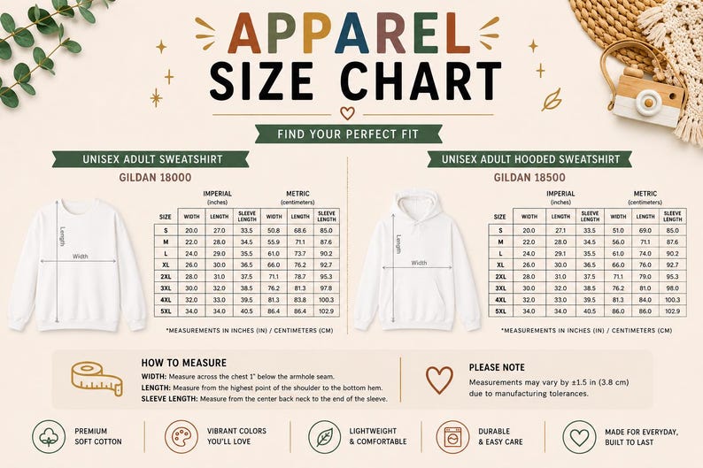 May include: An apparel size chart for Gildan 18000 sweatshirts and Gildan 18500 hooded sweatshirts. The chart displays width, length, and sleeve length measurements in inches and centimeters for sizes S through 5XL, with instructions on how to measure.