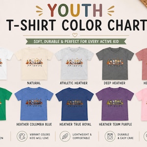 May include: A youth t-shirt color chart displaying ten short-sleeve shirts in white, natural, athletic heather, deep heather, heather mauve, kelly, heather columbia blue, heather true royal, heather team purple, and pink, each with a Friends graphic.