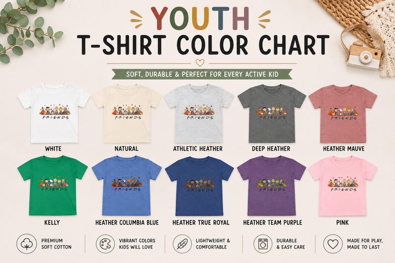 May include: A youth t-shirt color chart displaying ten short-sleeve shirts in white, natural, athletic heather, deep heather, heather mauve, kelly, heather columbia blue, heather true royal, heather team purple, and pink, each with a Friends graphic.