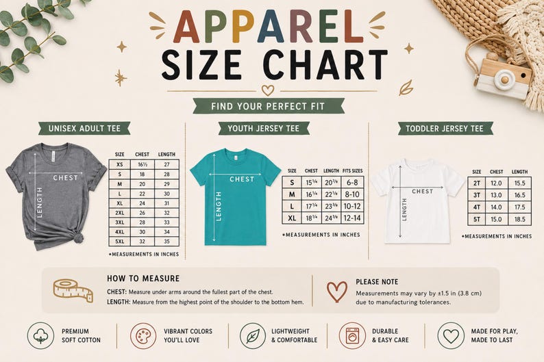May include: An apparel size chart featuring a dark grey adult tee, a teal youth jersey tee, and a white toddler jersey tee. Each shirt is accompanied by a detailed measurement table in inches, along with instructions on how to measure chest and length.