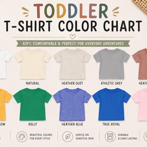 May include: A toddler t-shirt color chart displaying ten short-sleeve shirts in white, natural, heather dust, athletic grey, heather mauve, heather yellow, kelly, heather blue, true royal, and pink, with the text TODDLER T-SHIRT COLOR CHART.