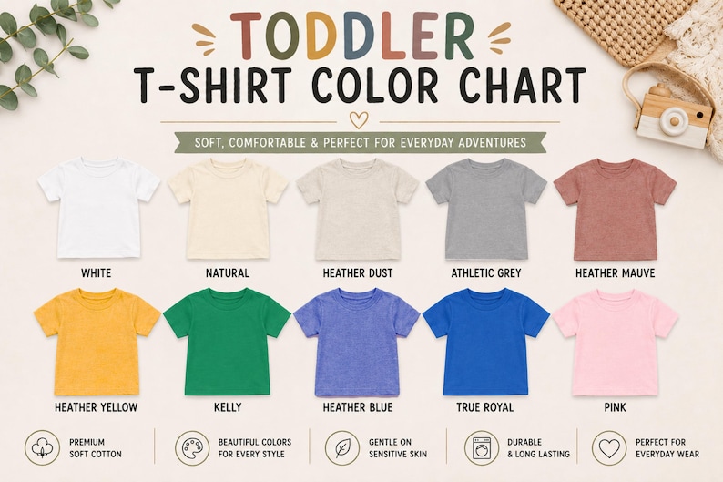 May include: A toddler t-shirt color chart displaying ten short-sleeve shirts in white, natural, heather dust, athletic grey, heather mauve, heather yellow, kelly, heather blue, true royal, and pink, with the text TODDLER T-SHIRT COLOR CHART.