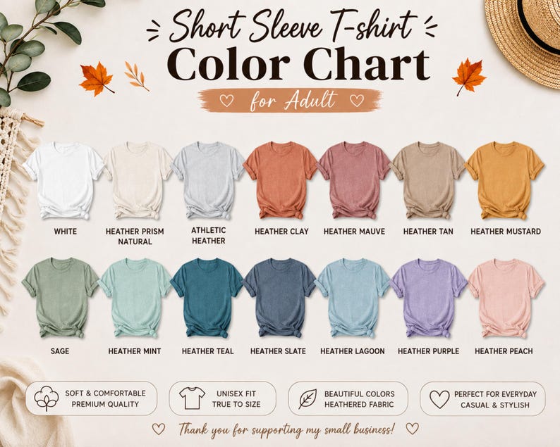 May include: A color chart for adult short sleeve t-shirts displaying fourteen different color options including white, heather prism natural, athletic heather, heather clay, heather mauve, heather tan, heather mustard, sage, heather mint, heather teal, heather slate, heather lagoon, heather purple, and heather peach.