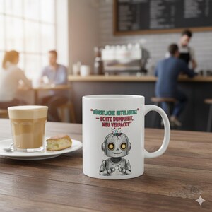 Puede incluir: Taza de café de cerámica blanca con asa, con una ilustración de robot y el texto alemán "Künstliche Intelligenz - Echte Dummheit, Neu verpackt". El robot tiene un cuerpo plateado y ojos amarillos. Una taza de café y un pastel están sobre una mesa.