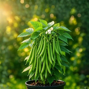 Puede incluir: Una planta de judías verdes en una maceta negra, cargada de judías verdes frescas y alargadas. La planta presenta hojas verdes exuberantes y delicadas flores blancas, sobre un fondo verde borroso y soleado.