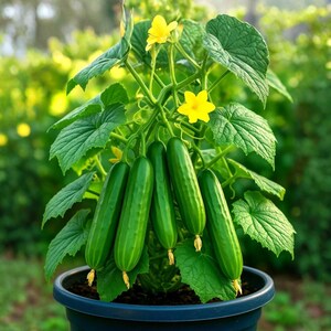 Può includere: Una pianta di cetriolo con diversi cetrioli verdi appesi alla vite. La pianta ha grandi foglie verdi e fiori gialli. La pianta è in un vaso blu scuro, con uno sfondo verde sfocato.