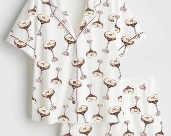 Pigiama con camicia e pantaloncini a forma di bicchiere da cocktail, abbigliamento da casa con stampa Martini, pigiama a tema per feste