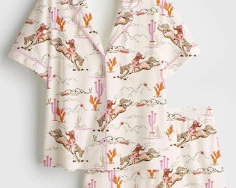 Cowgirl Pyjama Set für Frauen - Western Horse Print Kurzarm-Pyjama, Wüsten-Thema Nachtwäsche