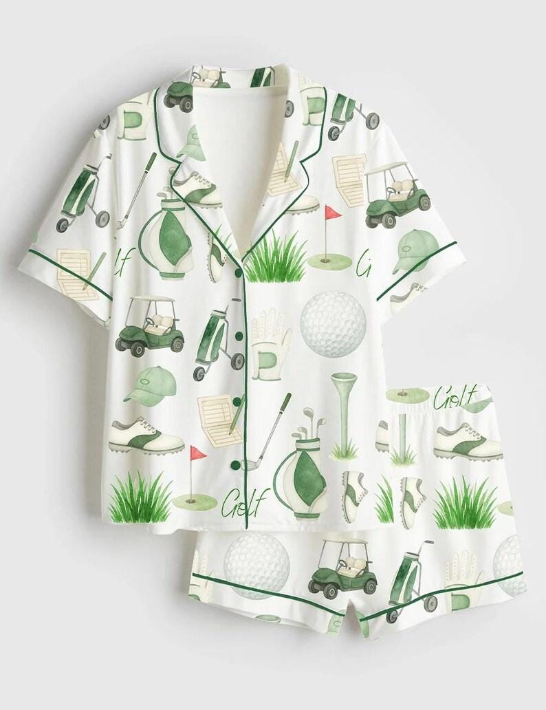 Women's Golf Print Pajama Set, Imitation Silk Sleepwear, Lounge Loungewear image 1