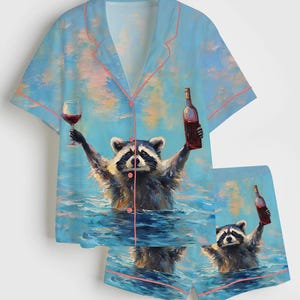 Conjunto de pijama divertido de mapache con estampado animal para amantes del vino y mujeres. imagen 2