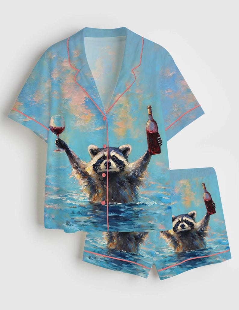 Conjunto de pijama divertido de mapache con estampado animal para amantes del vino y mujeres. imagen 2
