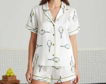 Women’s Tennis Pajama Set Racket Print Short Sleeve Sleepwear Lounge Set