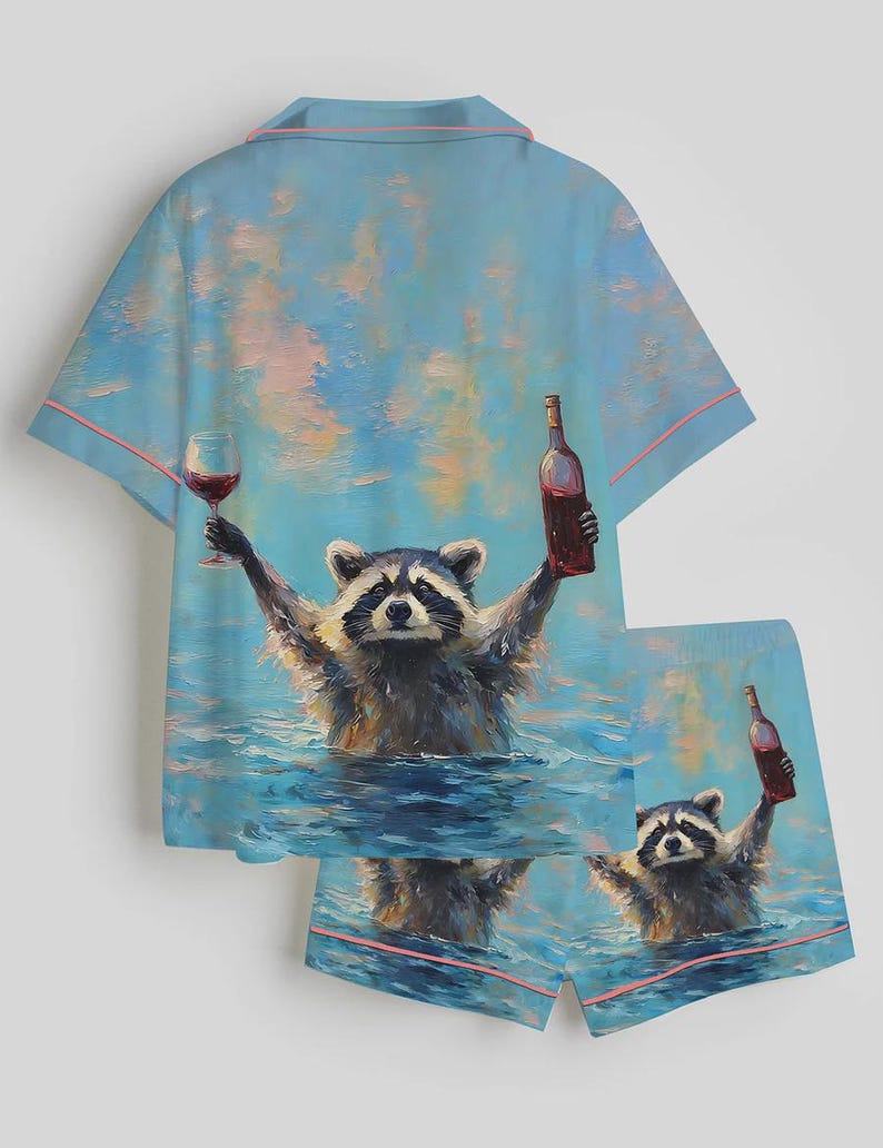 Puede incluir: Conjunto de pijama azul claro con un mapache sosteniendo una copa de vino y una botella de vino en el agua. La camisa y el pantal&oacute;n corto tienen ribetes rosas. El mapache es el foco central del dise&ntilde;o.
