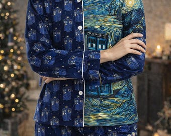 Novelty Pajama Set: Police Box & Starry Night Design